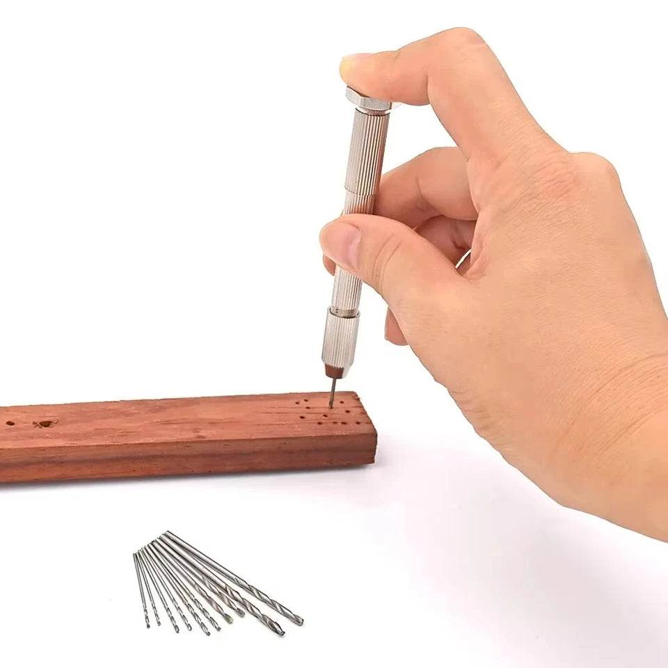 11PC Silver Hand Twisted Drill Handle Single Head Small Tool Set for DIY Amber Walnut Hole Punching Art Play Manual Hole Opener