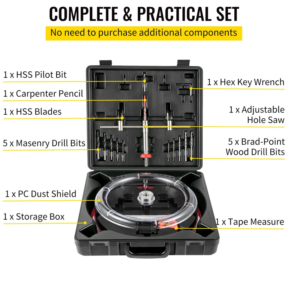 SucceBuy Adjustable Steel Hole Saw Cutter Kit 40-200mm w/ Shield Hole Cutter Drill Bit DIY Tool Sheetrock Veneer Slate