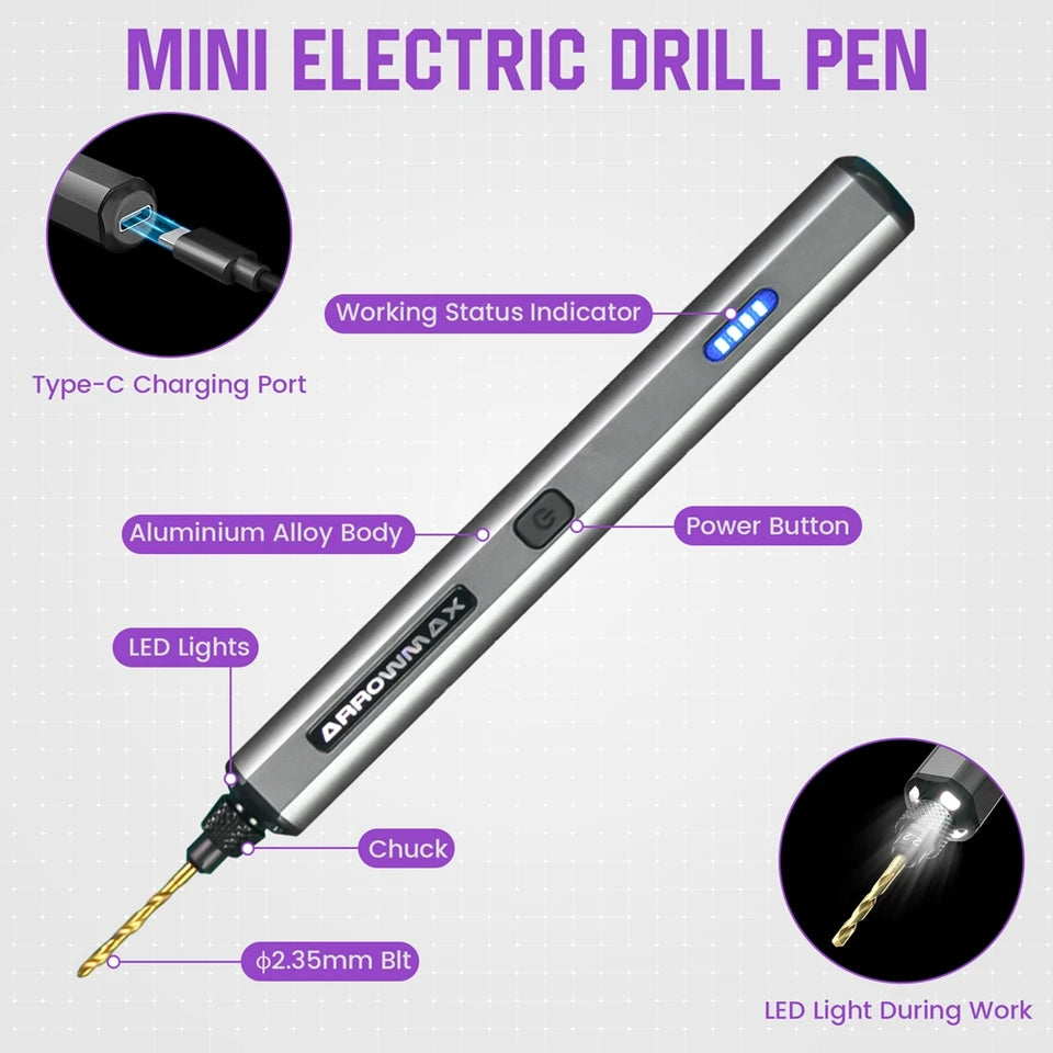 ARROWMAX Mini Electric Drill Rechargeable Rotary Tool Cordless Drilling for Crafts Wood Plastic Aluminium Jewelry Home DIY