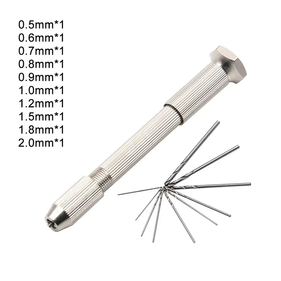 11PC Silver Hand Twisted Drill Handle Single Head Small Tool Set for DIY Amber Walnut Hole Punching Art Play Manual Hole Opener