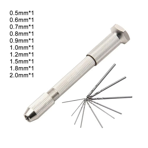 11PC Silver Hand Twisted Drill Handle Single Head Small Tool Set for DIY Amber Walnut Hole Punching Art Play Manual Hole Opener