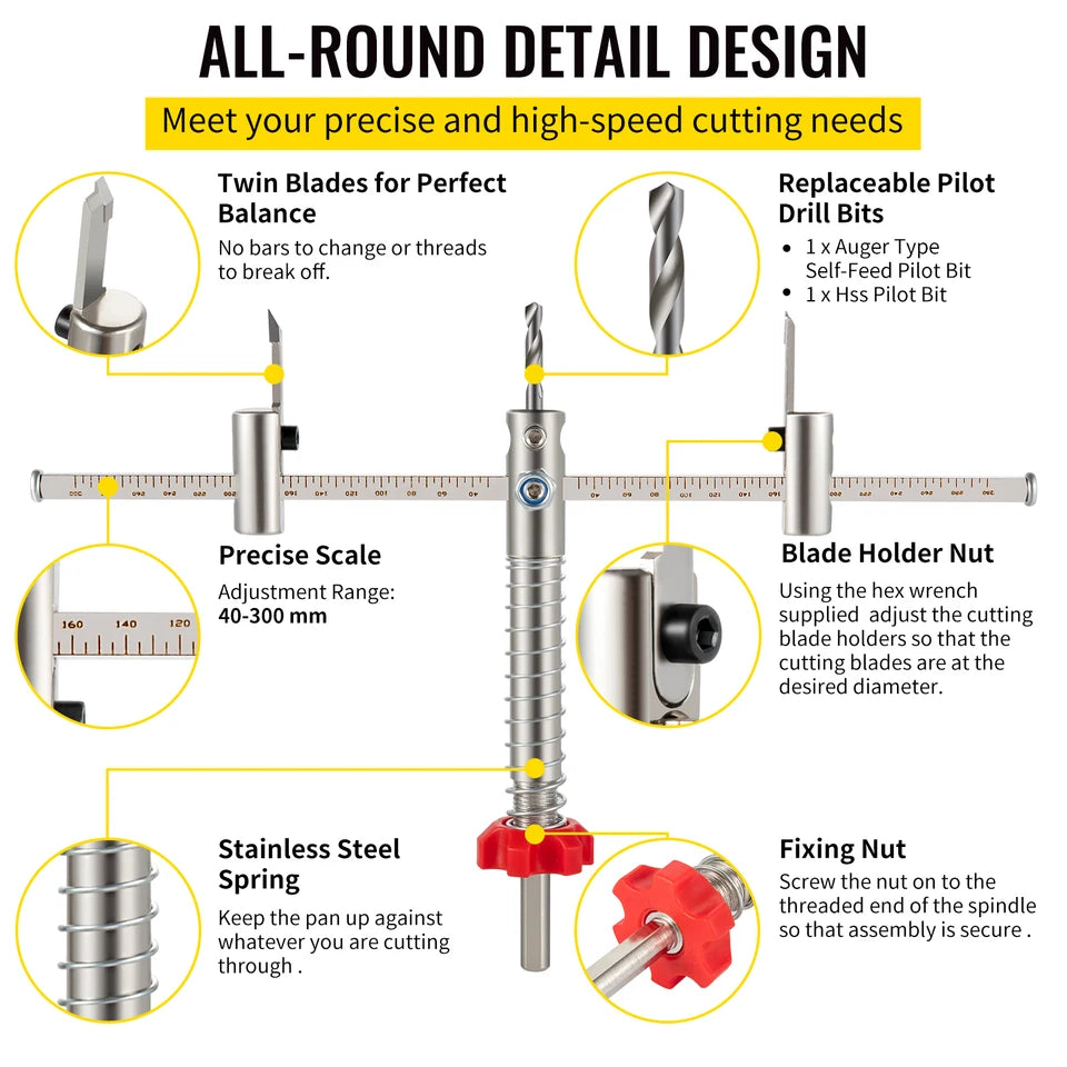 SucceBuy Adjustable Steel Hole Saw Cutter Kit 40-200mm w/ Shield Hole Cutter Drill Bit DIY Tool Sheetrock Veneer Slate
